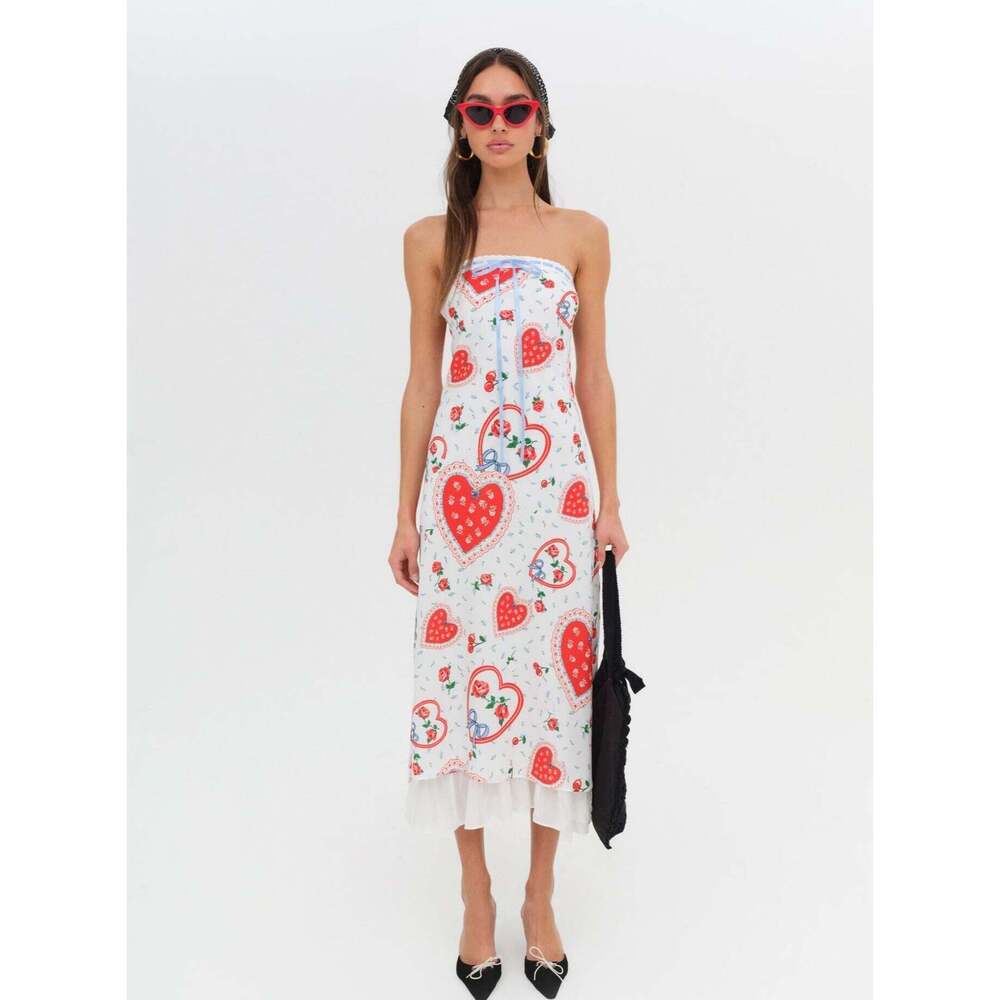 For Love And Lemons Strapless White and Red Heart Midi Dress